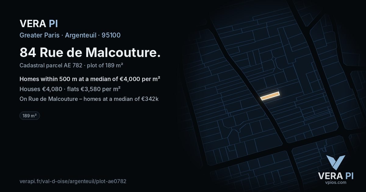 84 Rue de Malcouture, Argenteuil at night – the plot lit, the parcels around coloured by the prices near them