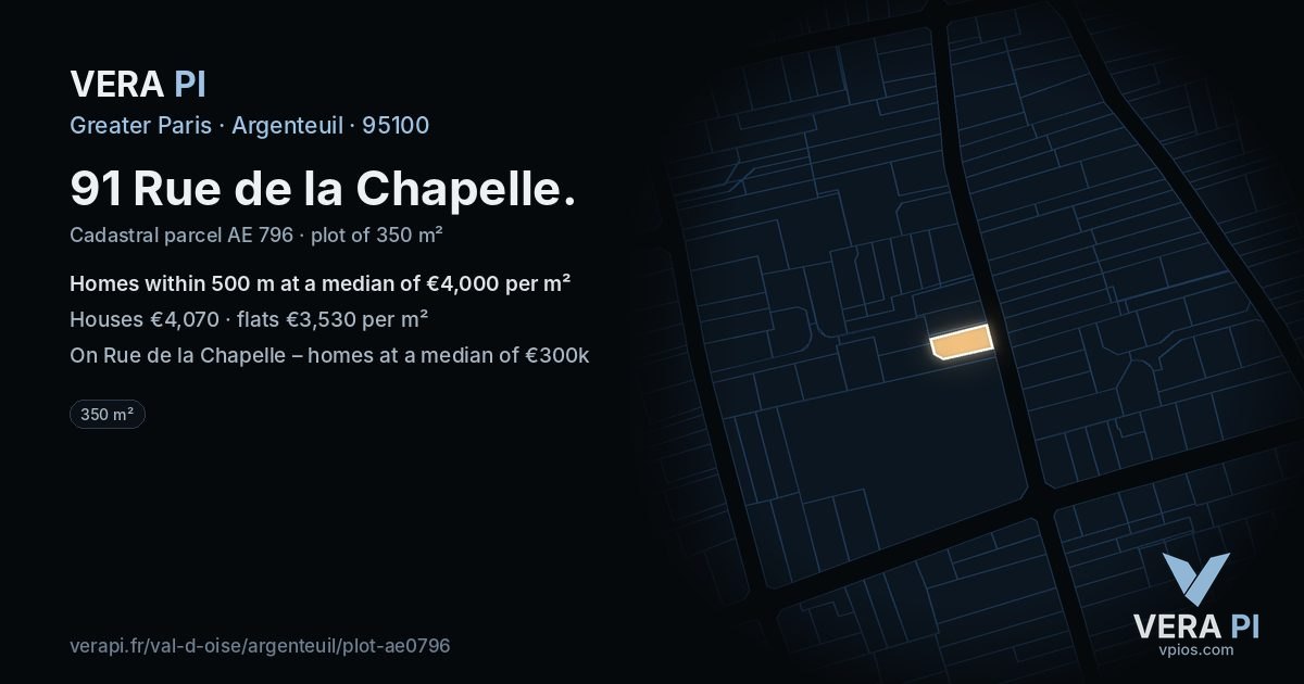 91 Rue de la Chapelle, Argenteuil at night – the plot lit, the parcels around coloured by the prices near them