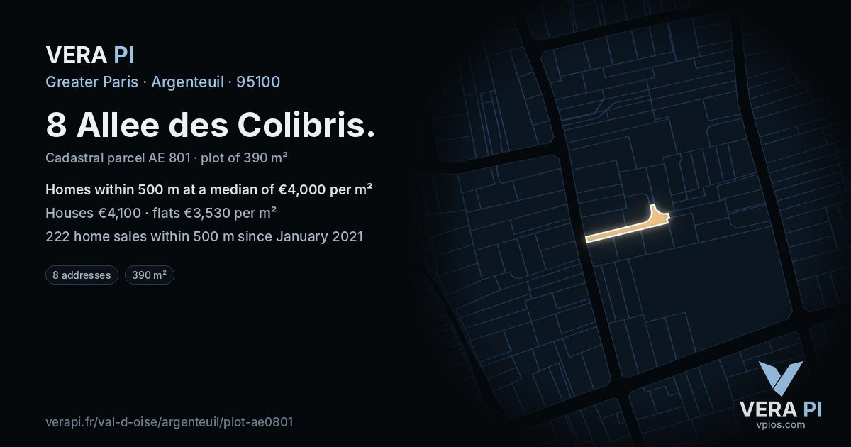 8 Allee des Colibris, Argenteuil at night – the plot lit, the parcels around coloured by the prices near them