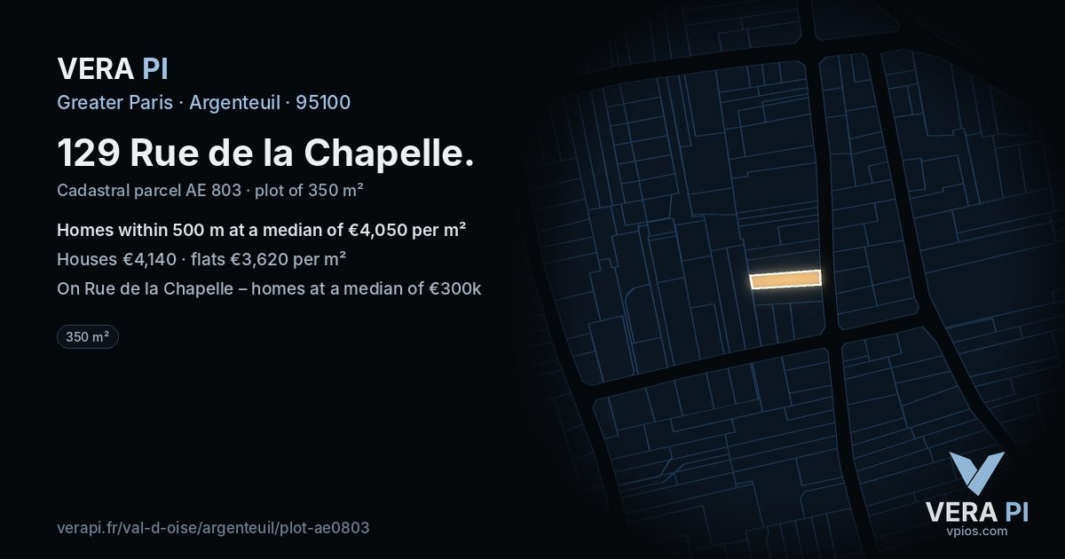 129 Rue de la Chapelle, Argenteuil at night – the plot lit, the parcels around coloured by the prices near them
