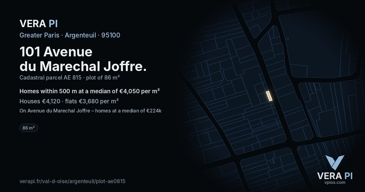 101 Avenue du Marechal Joffre, Argenteuil at night – the plot lit, the parcels around coloured by the prices near them