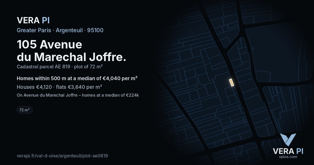 105 Avenue du Marechal Joffre, Argenteuil at night – the plot lit, the parcels around coloured by the prices near them