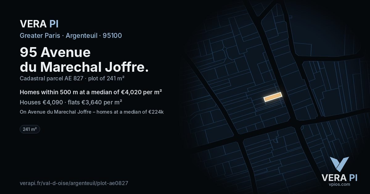 95 Avenue du Marechal Joffre, Argenteuil at night – the plot lit, the parcels around coloured by the prices near them