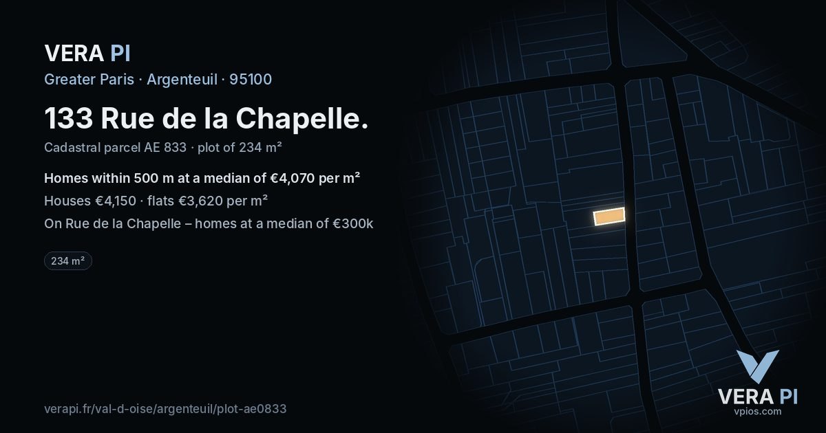 133 Rue de la Chapelle, Argenteuil at night – the plot lit, the parcels around coloured by the prices near them