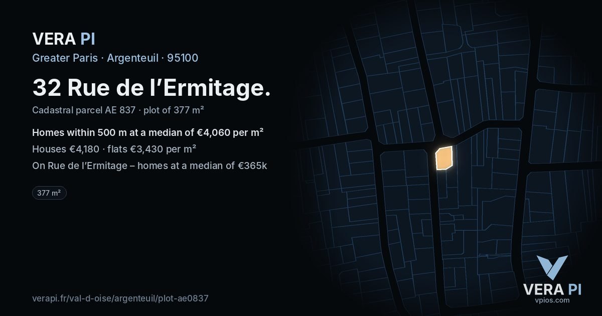 32 Rue de l’Ermitage, Argenteuil at night – the plot lit, the parcels around coloured by the prices near them