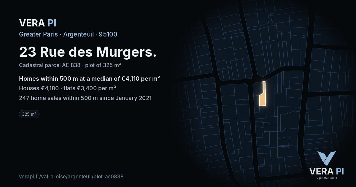 23 Rue des Murgers, Argenteuil at night – the plot lit, the parcels around coloured by the prices near them