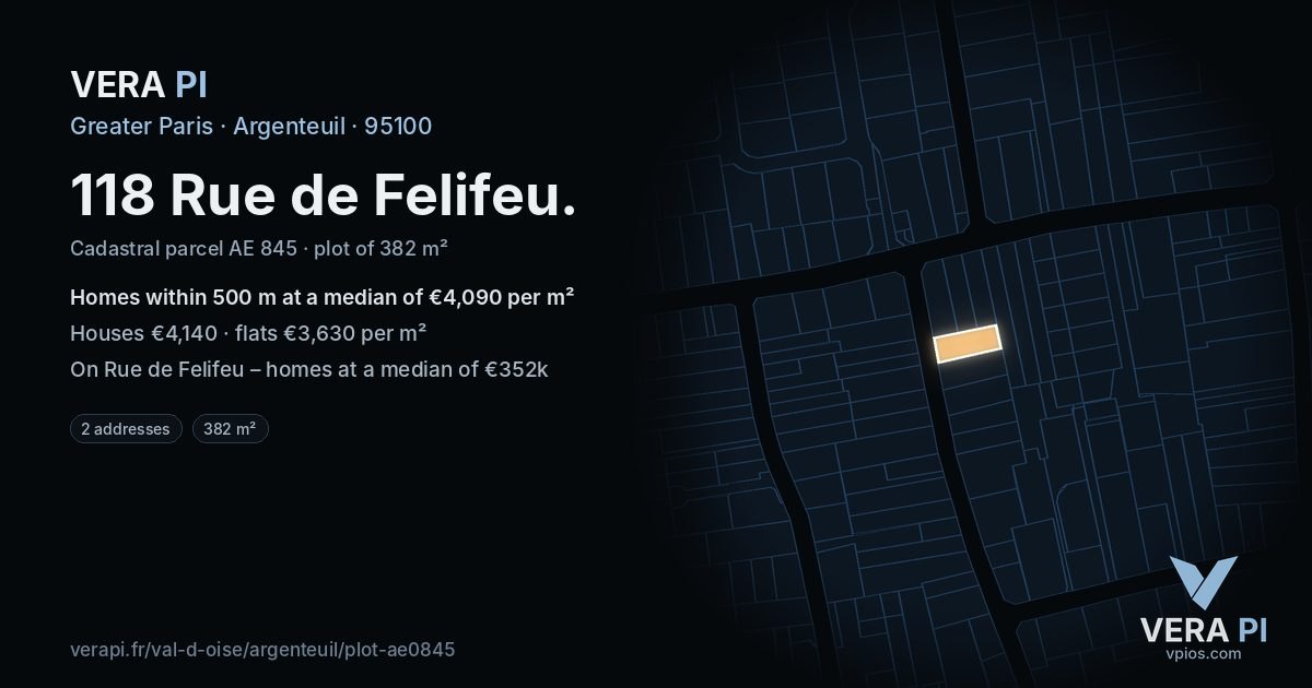 118 Rue de Felifeu, Argenteuil at night – the plot lit, the parcels around coloured by the prices near them