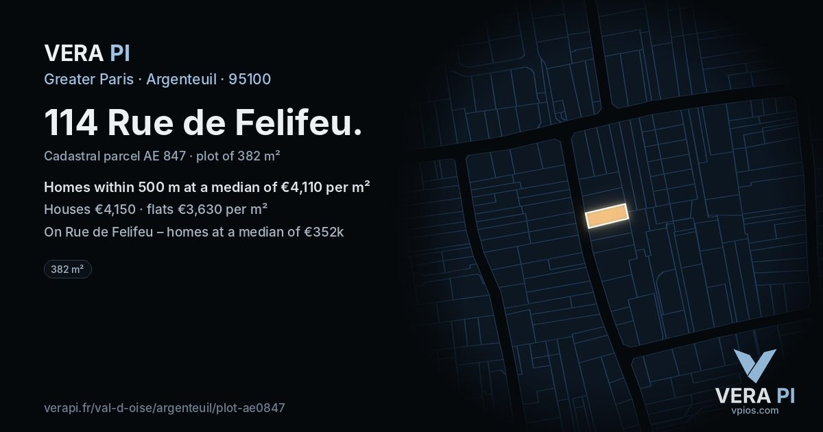 114 Rue de Felifeu, Argenteuil at night – the plot lit, the parcels around coloured by the prices near them