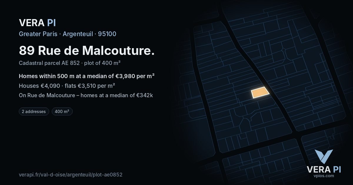 89 Rue de Malcouture, Argenteuil at night – the plot lit, the parcels around coloured by the prices near them