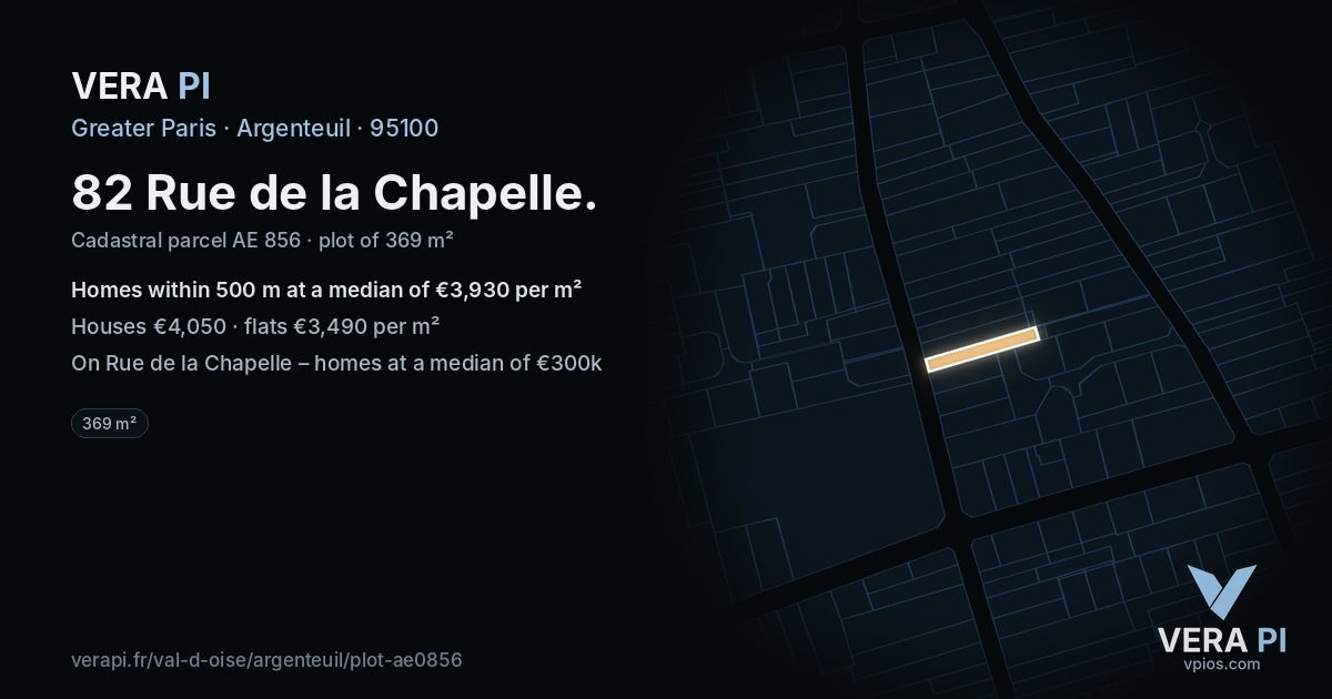 82 Rue de la Chapelle, Argenteuil at night – the plot lit, the parcels around coloured by the prices near them