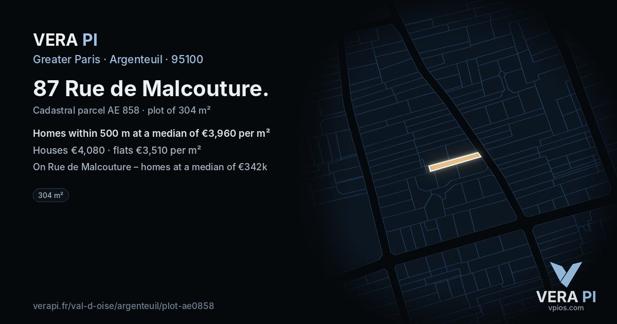 87 Rue de Malcouture, Argenteuil at night – the plot lit, the parcels around coloured by the prices near them
