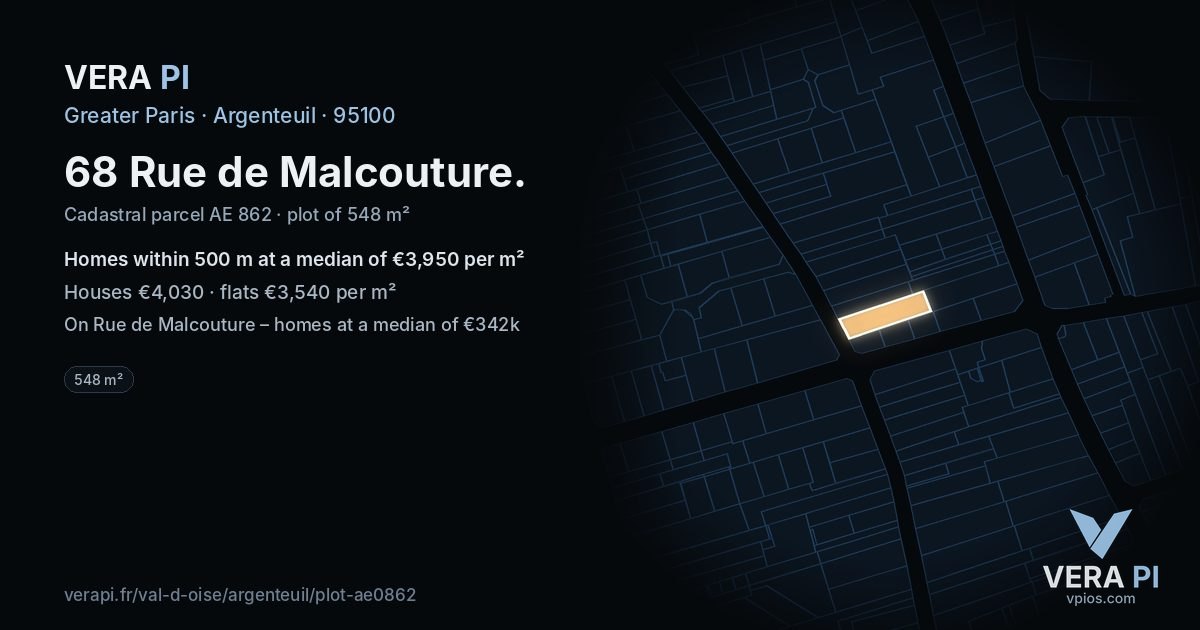68 Rue de Malcouture, Argenteuil at night – the plot lit, the parcels around coloured by the prices near them