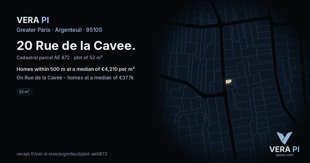 20 Rue de la Cavee, Argenteuil at night – the plot lit, the parcels around coloured by the prices near them