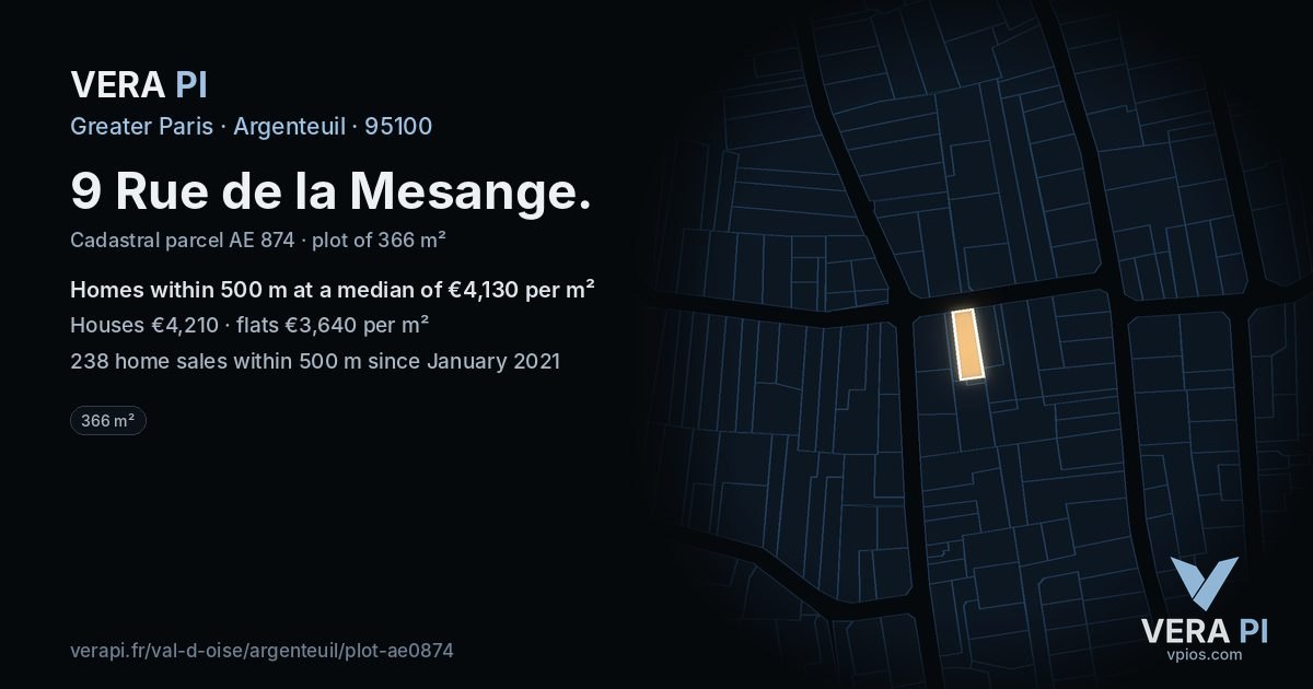 9 Rue de la Mesange, Argenteuil at night – the plot lit, the parcels around coloured by the prices near them