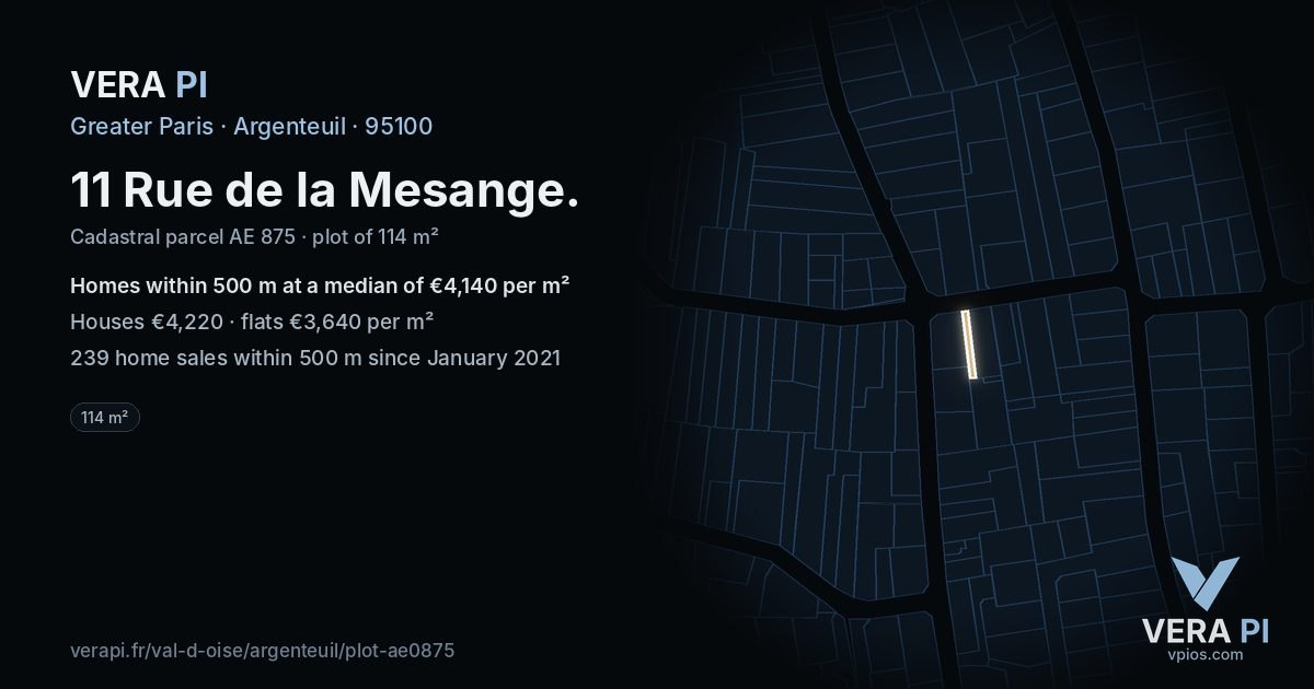 11 Rue de la Mesange, Argenteuil at night – the plot lit, the parcels around coloured by the prices near them