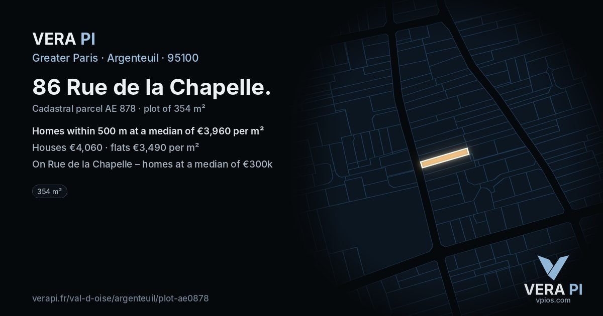 86 Rue de la Chapelle, Argenteuil at night – the plot lit, the parcels around coloured by the prices near them