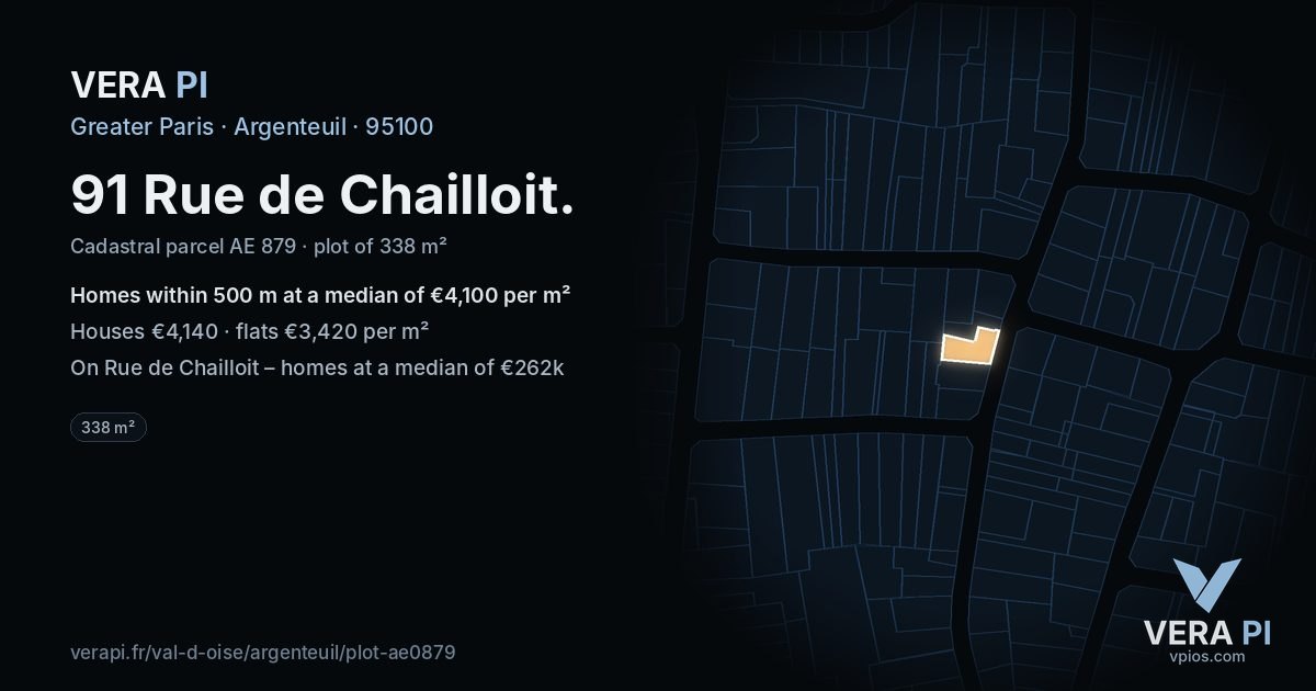 91 Rue de Chailloit, Argenteuil at night – the plot lit, the parcels around coloured by the prices near them