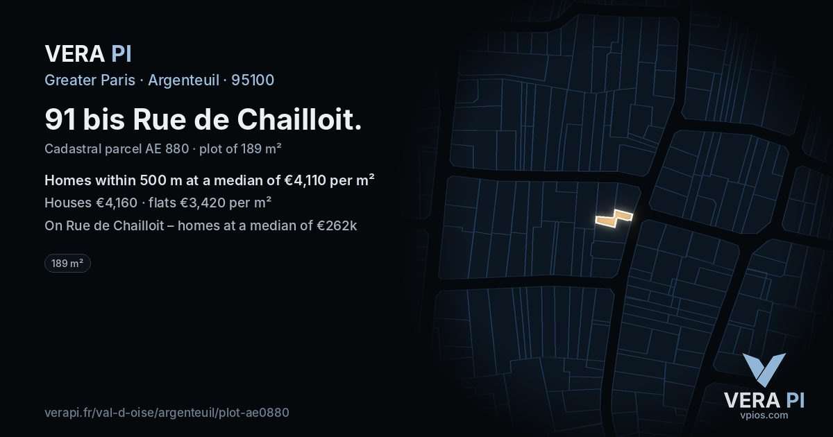 91 bis Rue de Chailloit, Argenteuil at night – the plot lit, the parcels around coloured by the prices near them