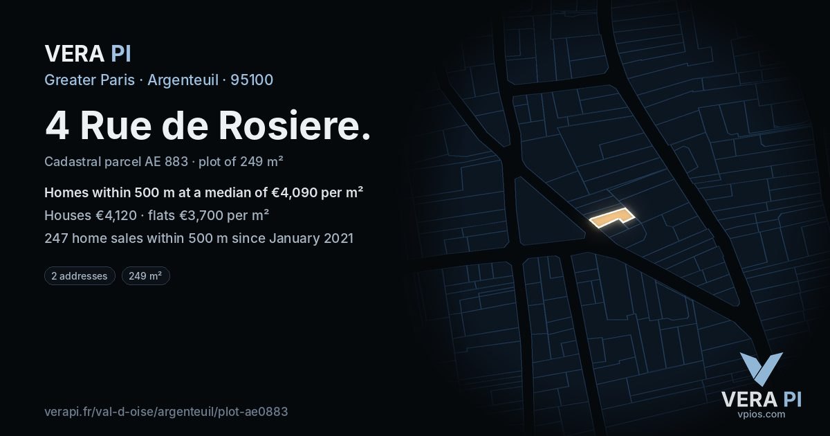 4 Rue de Rosiere, Argenteuil at night – the plot lit, the parcels around coloured by the prices near them