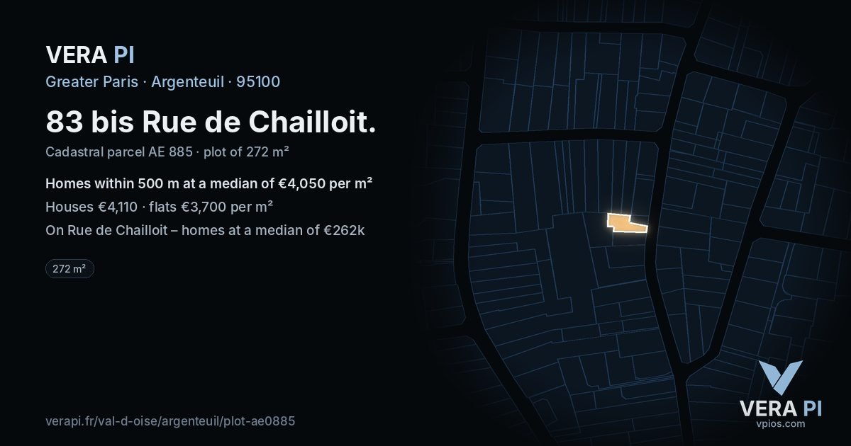 83 bis Rue de Chailloit, Argenteuil at night – the plot lit, the parcels around coloured by the prices near them