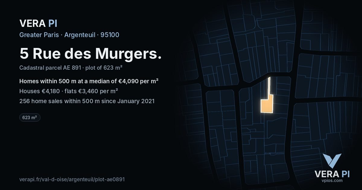 5 Rue des Murgers, Argenteuil at night – the plot lit, the parcels around coloured by the prices near them