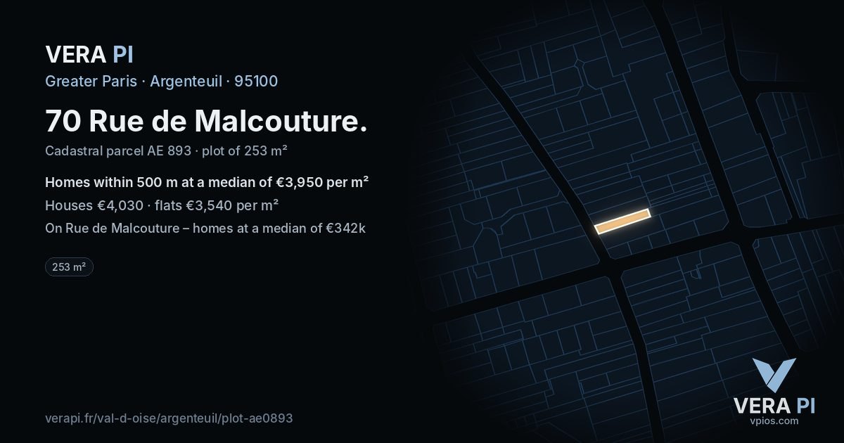 70 Rue de Malcouture, Argenteuil at night – the plot lit, the parcels around coloured by the prices near them