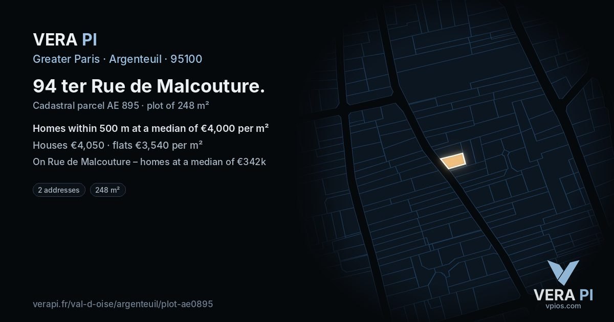 94 ter Rue de Malcouture, Argenteuil at night – the plot lit, the parcels around coloured by the prices near them