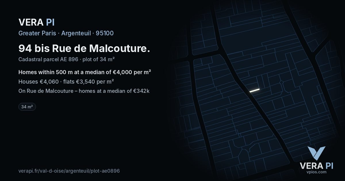 94 bis Rue de Malcouture, Argenteuil at night – the plot lit, the parcels around coloured by the prices near them