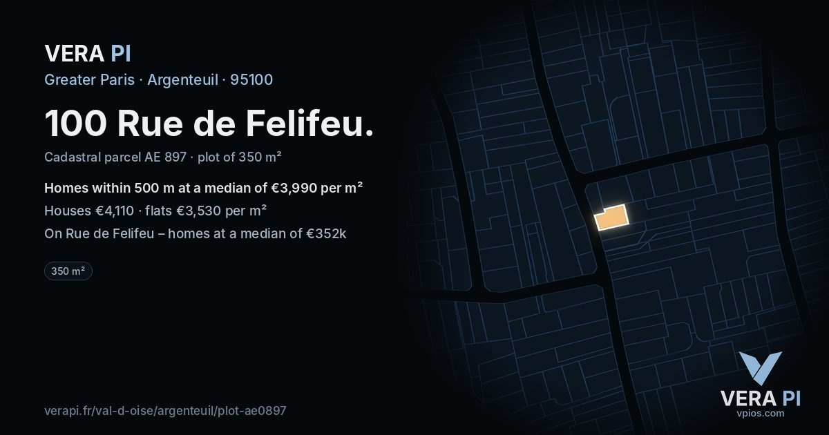 100 Rue de Felifeu, Argenteuil at night – the plot lit, the parcels around coloured by the prices near them