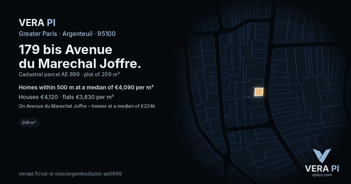 179 bis Avenue du Marechal Joffre, Argenteuil at night – the plot lit, the parcels around coloured by the prices near them