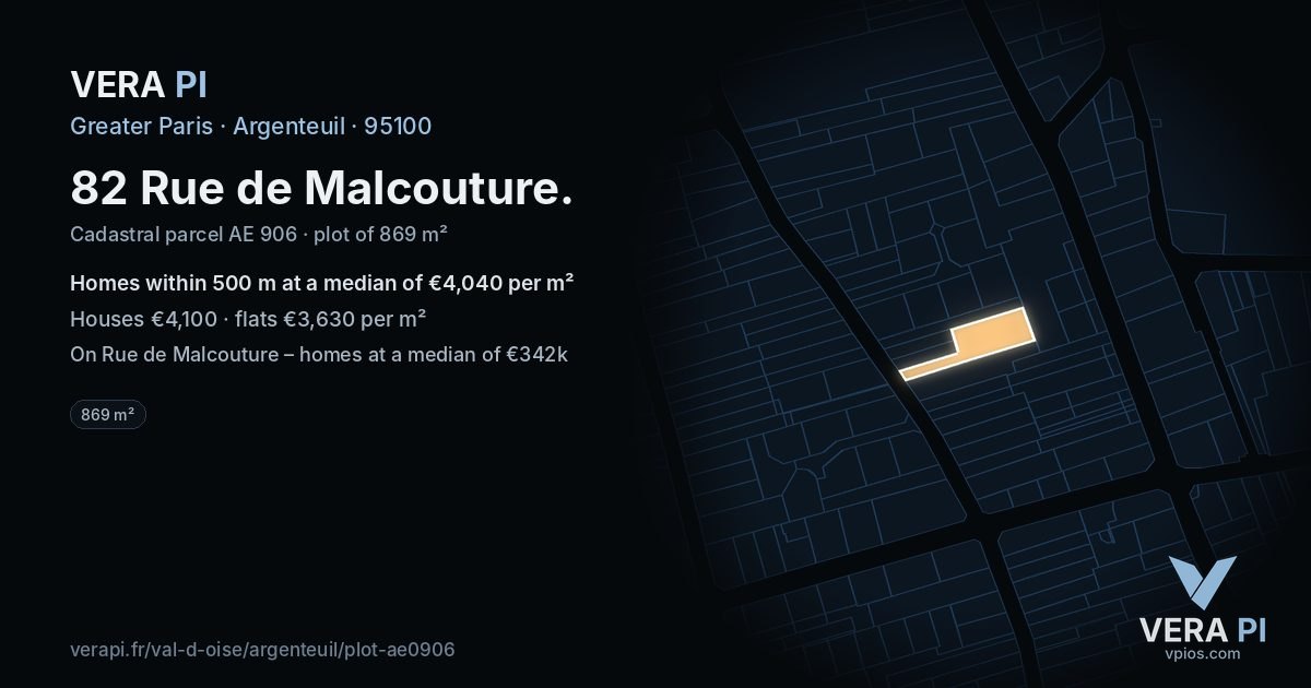 82 Rue de Malcouture, Argenteuil at night – the plot lit, the parcels around coloured by the prices near them