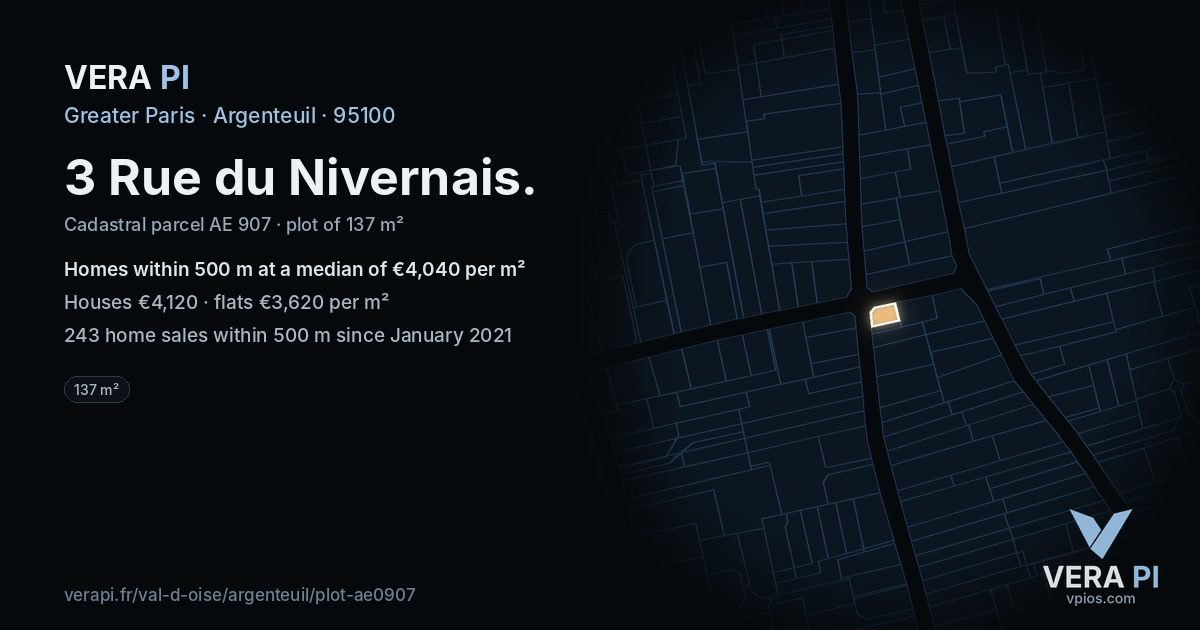 3 Rue du Nivernais, Argenteuil at night – the plot lit, the parcels around coloured by the prices near them