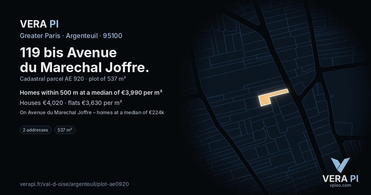 119 bis Avenue du Marechal Joffre, Argenteuil at night – the plot lit, the parcels around coloured by the prices near them