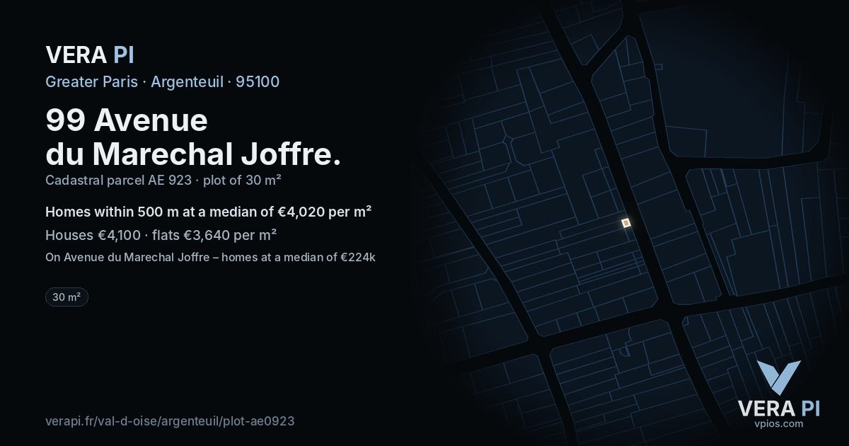 99 Avenue du Marechal Joffre, Argenteuil at night – the plot lit, the parcels around coloured by the prices near them