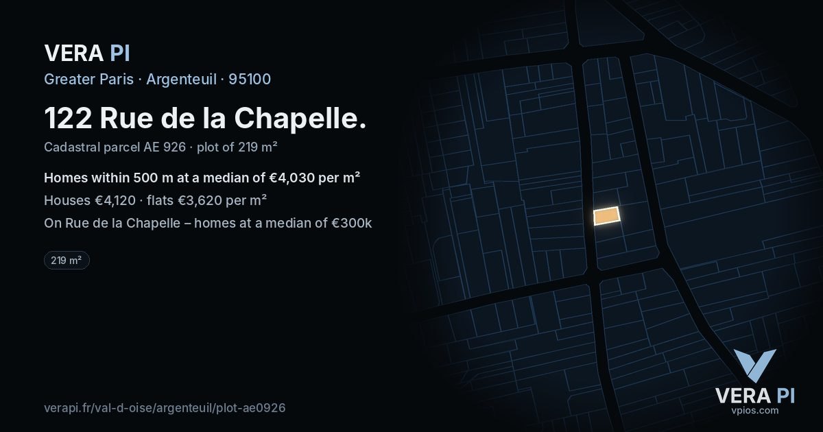 122 Rue de la Chapelle, Argenteuil at night – the plot lit, the parcels around coloured by the prices near them