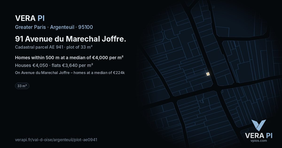 91 Avenue du Marechal Joffre, Argenteuil at night – the plot lit, the parcels around coloured by the prices near them