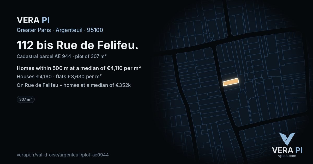 112 bis Rue de Felifeu, Argenteuil at night – the plot lit, the parcels around coloured by the prices near them