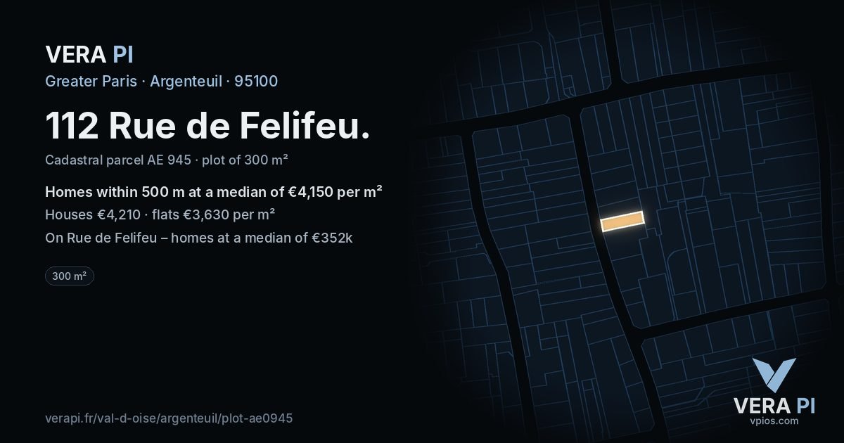 112 Rue de Felifeu, Argenteuil at night – the plot lit, the parcels around coloured by the prices near them