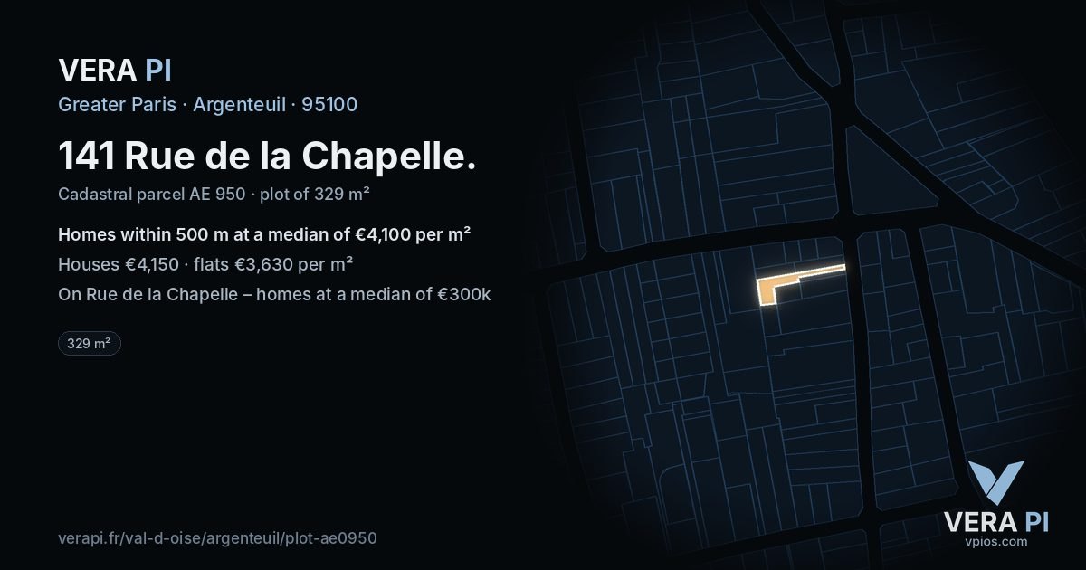 141 Rue de la Chapelle, Argenteuil at night – the plot lit, the parcels around coloured by the prices near them