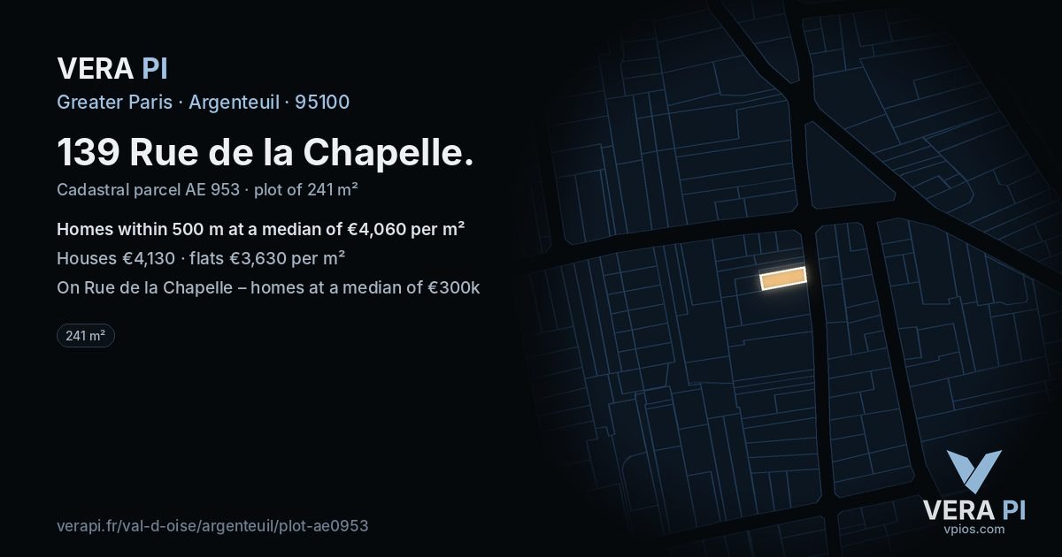 139 Rue de la Chapelle, Argenteuil at night – the plot lit, the parcels around coloured by the prices near them
