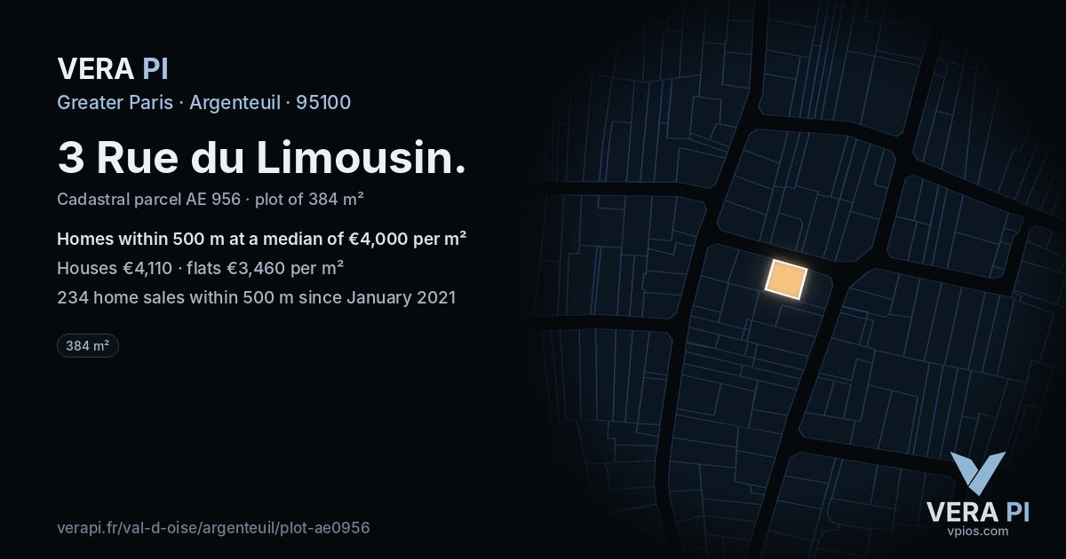 3 Rue du Limousin, Argenteuil at night – the plot lit, the parcels around coloured by the prices near them