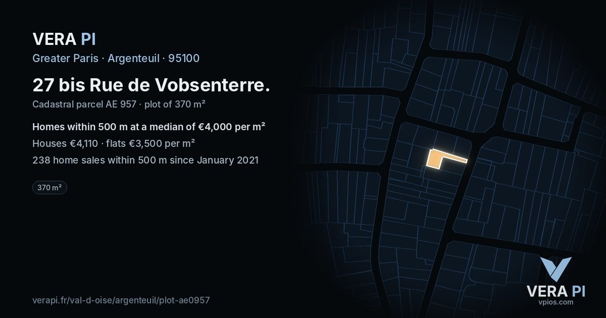 27 bis Rue de Vobsenterre, Argenteuil at night – the plot lit, the parcels around coloured by the prices near them
