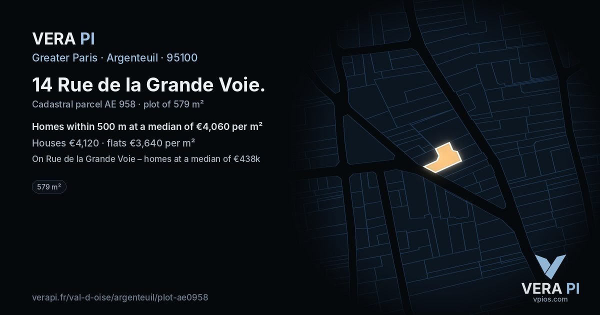 14 Rue de la Grande Voie, Argenteuil at night – the plot lit, the parcels around coloured by the prices near them