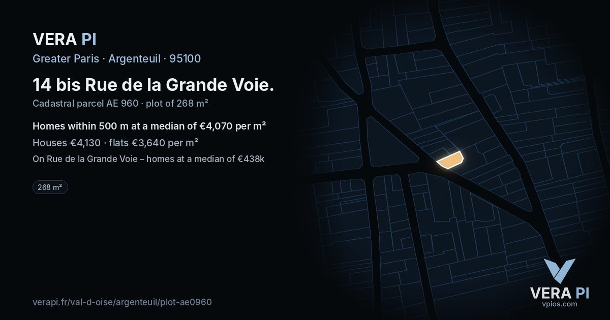 14 bis Rue de la Grande Voie, Argenteuil at night – the plot lit, the parcels around coloured by the prices near them