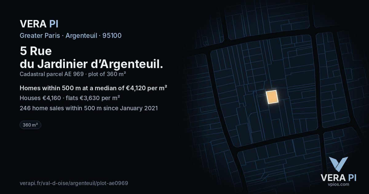 5 Rue du Jardinier d’Argenteuil, Argenteuil at night – the plot lit, the parcels around coloured by the prices near them