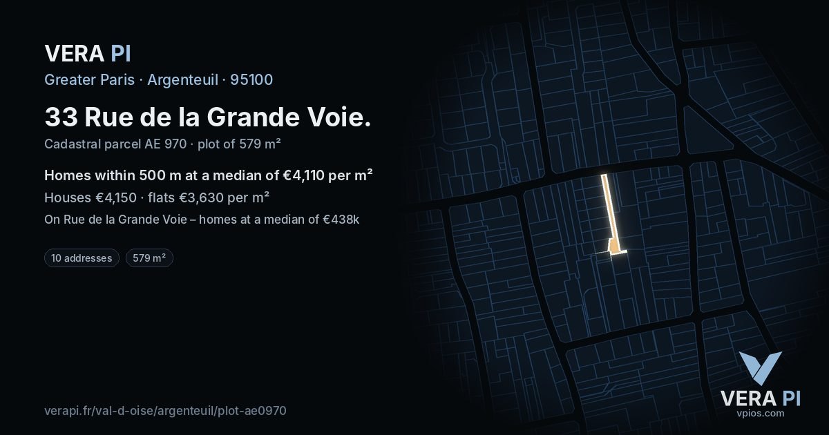 33 Rue de la Grande Voie, Argenteuil at night – the plot lit, the parcels around coloured by the prices near them