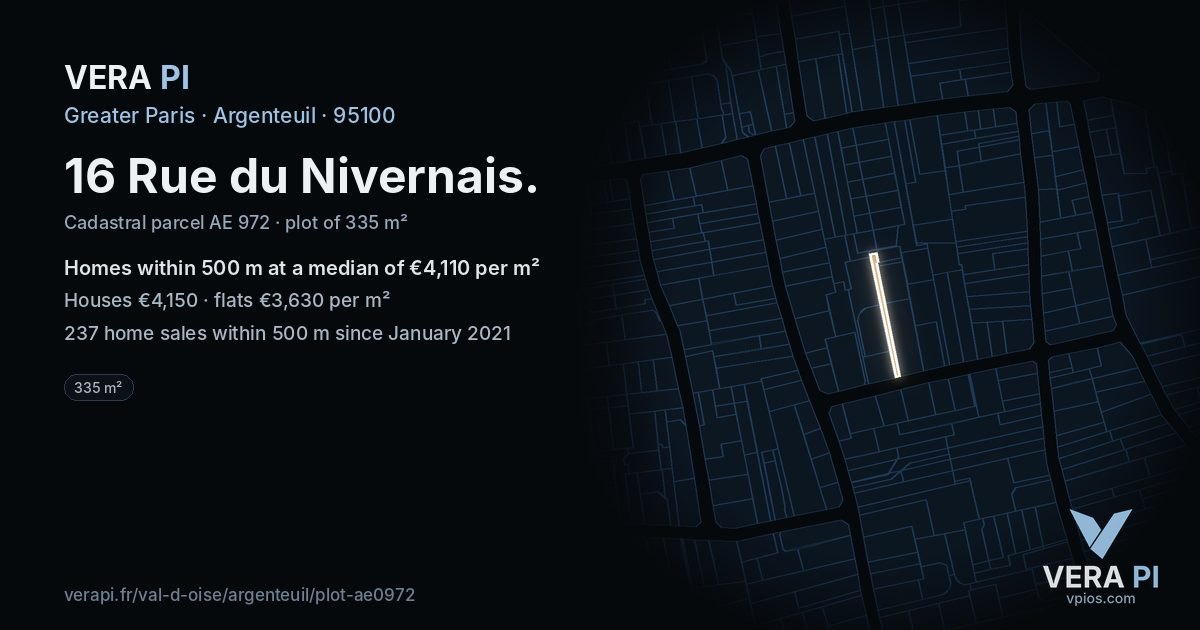 16 Rue du Nivernais, Argenteuil at night – the plot lit, the parcels around coloured by the prices near them