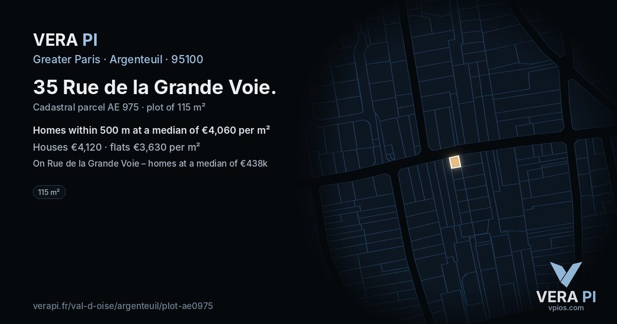 35 Rue de la Grande Voie, Argenteuil at night – the plot lit, the parcels around coloured by the prices near them