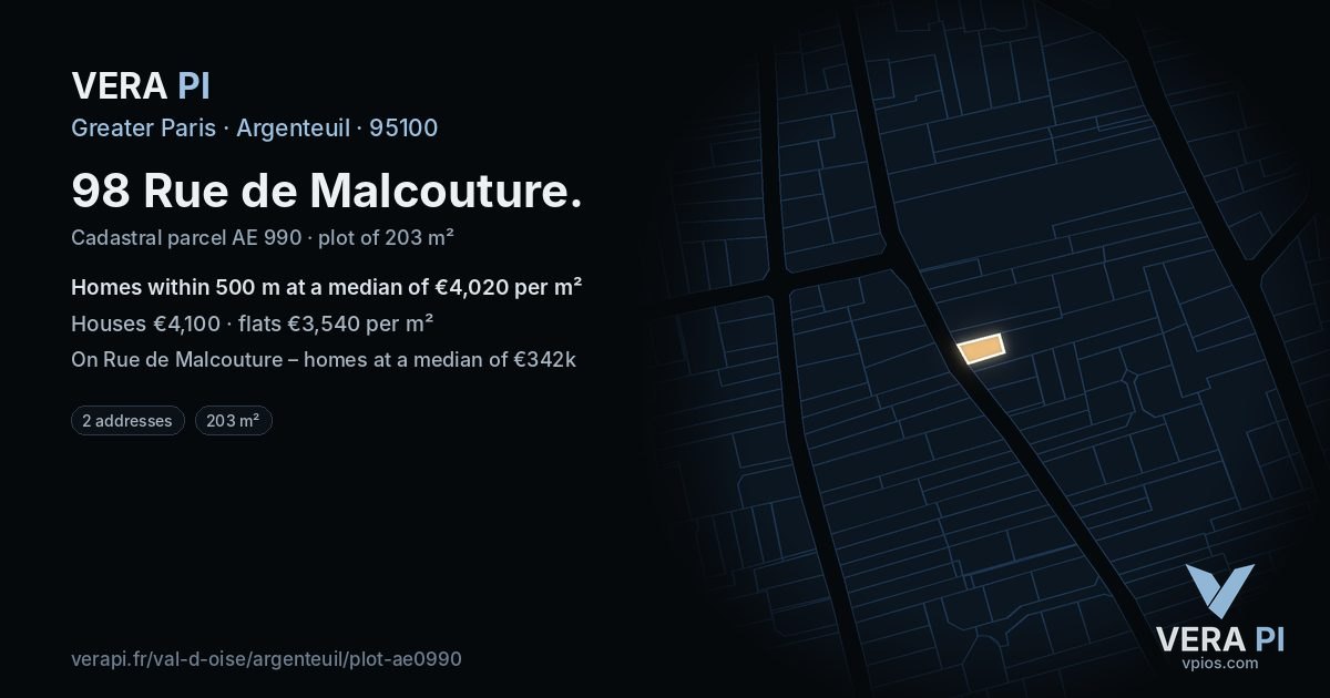 98 Rue de Malcouture, Argenteuil at night – the plot lit, the parcels around coloured by the prices near them