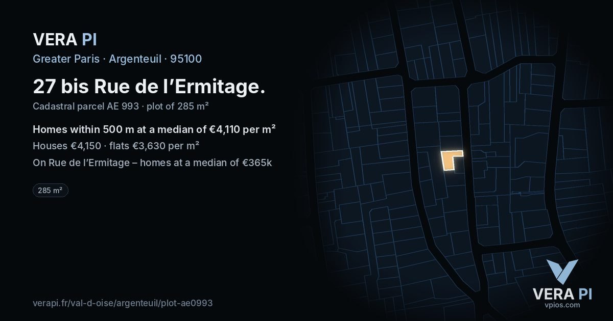 27 bis Rue de l’Ermitage, Argenteuil at night – the plot lit, the parcels around coloured by the prices near them